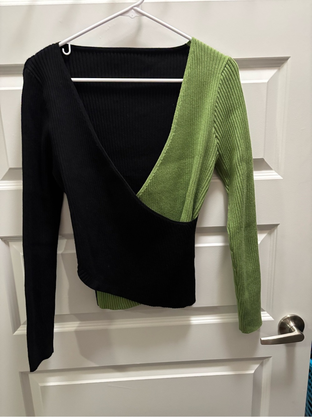 Women’s Two-Tone Black and Green Ribbed Wrap Sweater